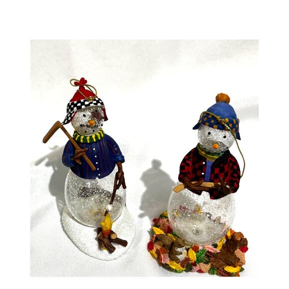 Princess House Glass Snowmen Set wood chopping fall leaves Christmas ornaments - Picture 1 of 7